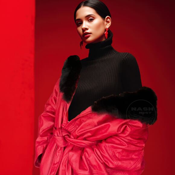 1970s Red Leather Maxi Coat w/ Real Black Fox Fur | Greg Bell, XL, Rare Vintage - Picture 6 of 14